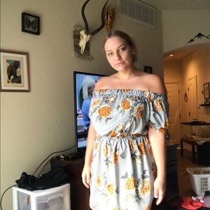 Off the shoulder stripe & yellow roses dress